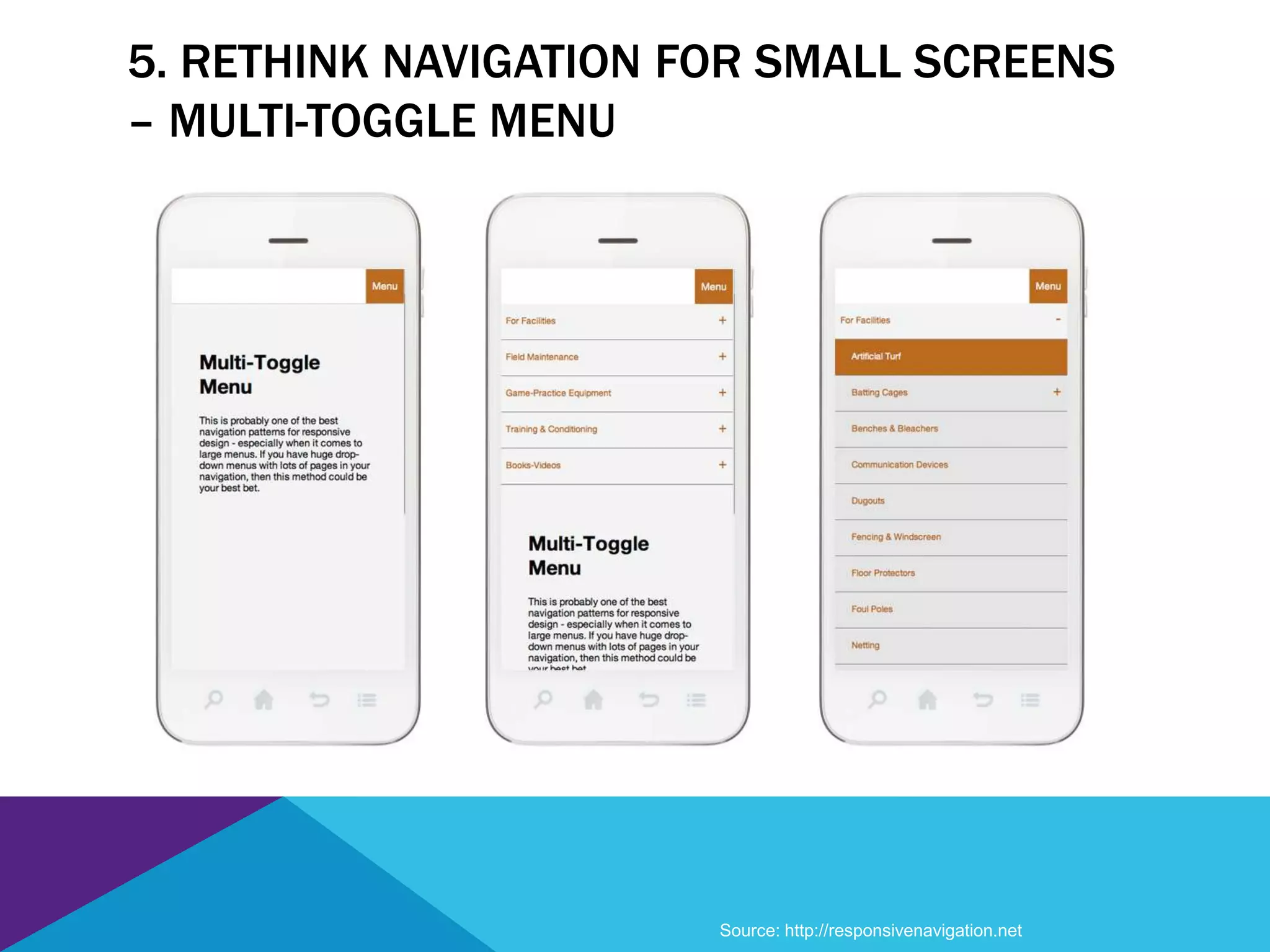5. RETHINK NAVIGATION FOR SMALL SCREENS
– MULTI-TOGGLE MENU
Source: http://responsivenavigation.net
 