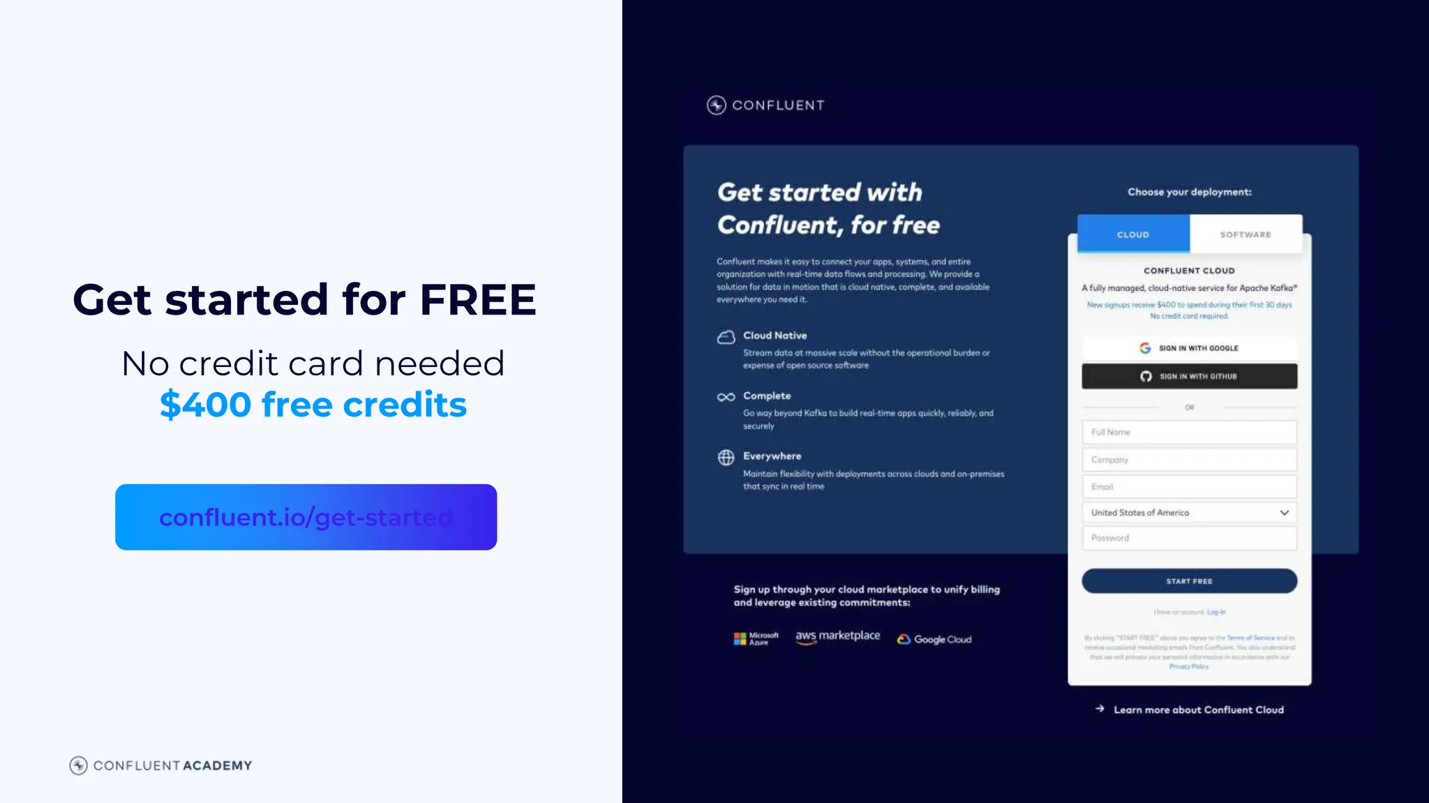 Get started for FREE
No credit card needed
$400 free credits
confluent.io/get-started
 