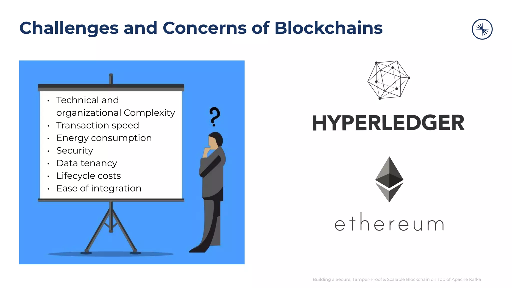 Building a Secure, Tamper-Proof & Scalable Blockchain on Top of Apache Kafka Challenges and Concerns of Blockchains • Technical and organizational Complexity • Transaction speed • Energy consumption • Security • Data tenancy • Lifecycle costs • Ease of integration 