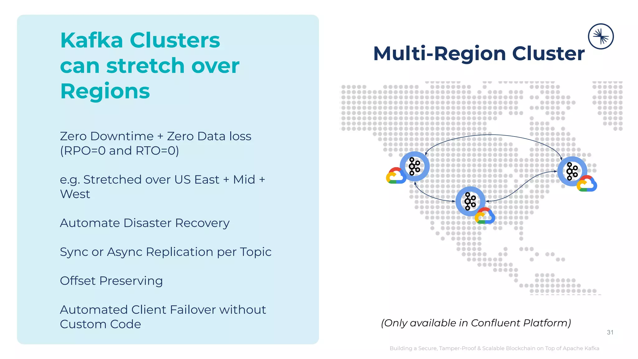 Building a Secure, Tamper-Proof & Scalable Blockchain on Top of Apache Kafka Kafka Clusters can stretch over Regions Zero Downtime + Zero Data loss (RPO=0 and RTO=0) e.g. Stretched over US East + Mid + West Automate Disaster Recovery Sync or Async Replication per Topic Offset Preserving Automated Client Failover without Custom Code Multi-Region Cluster (Only available in Conﬂuent Platform) 31 