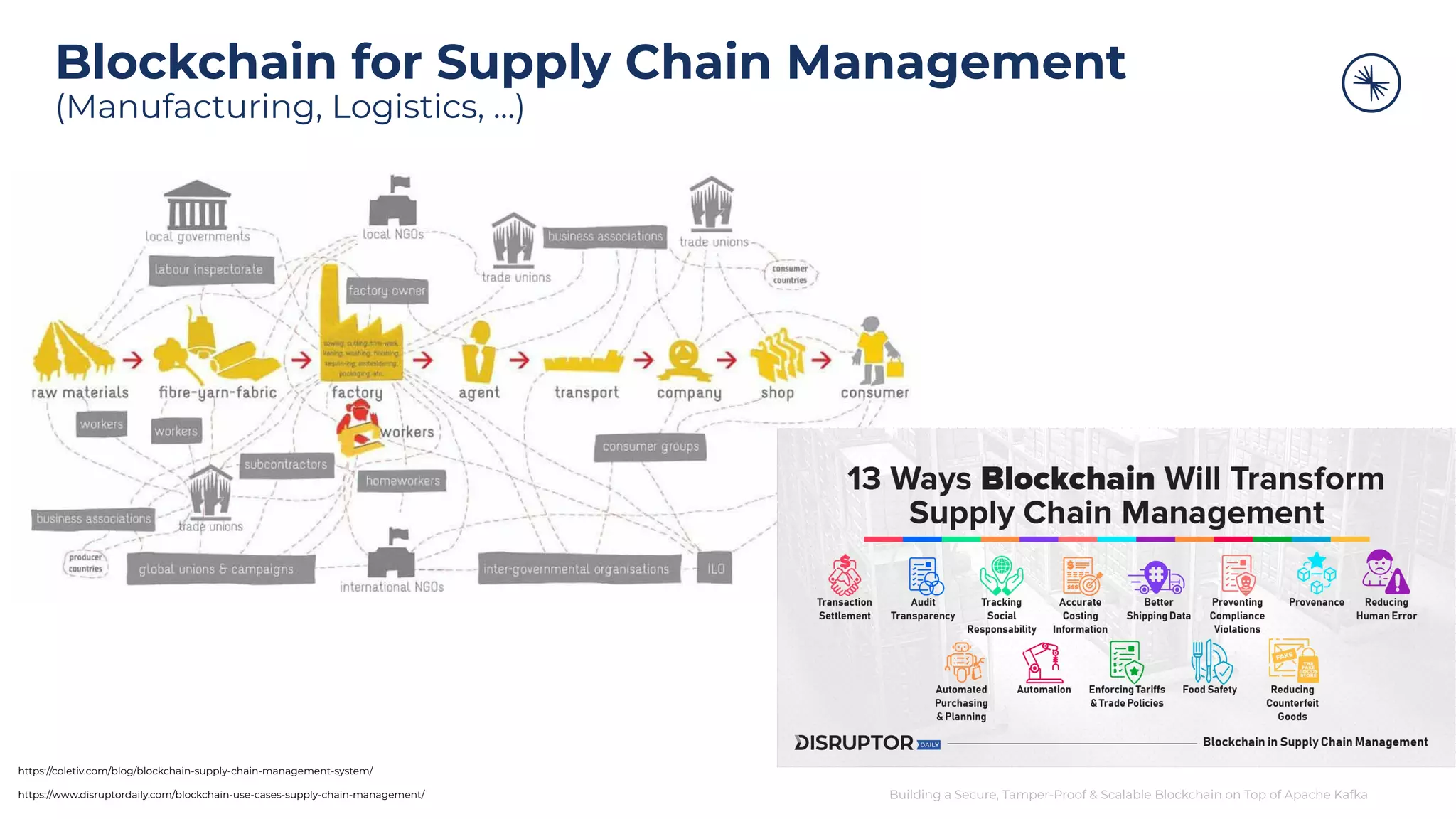 Building a Secure, Tamper-Proof & Scalable Blockchain on Top of Apache Kafka Blockchain for Supply Chain Management (Manufacturing, Logistics, …) 7 https://coletiv.com/blog/blockchain-supply-chain-management-system/ https://www.disruptordaily.com/blockchain-use-cases-supply-chain-management/ 