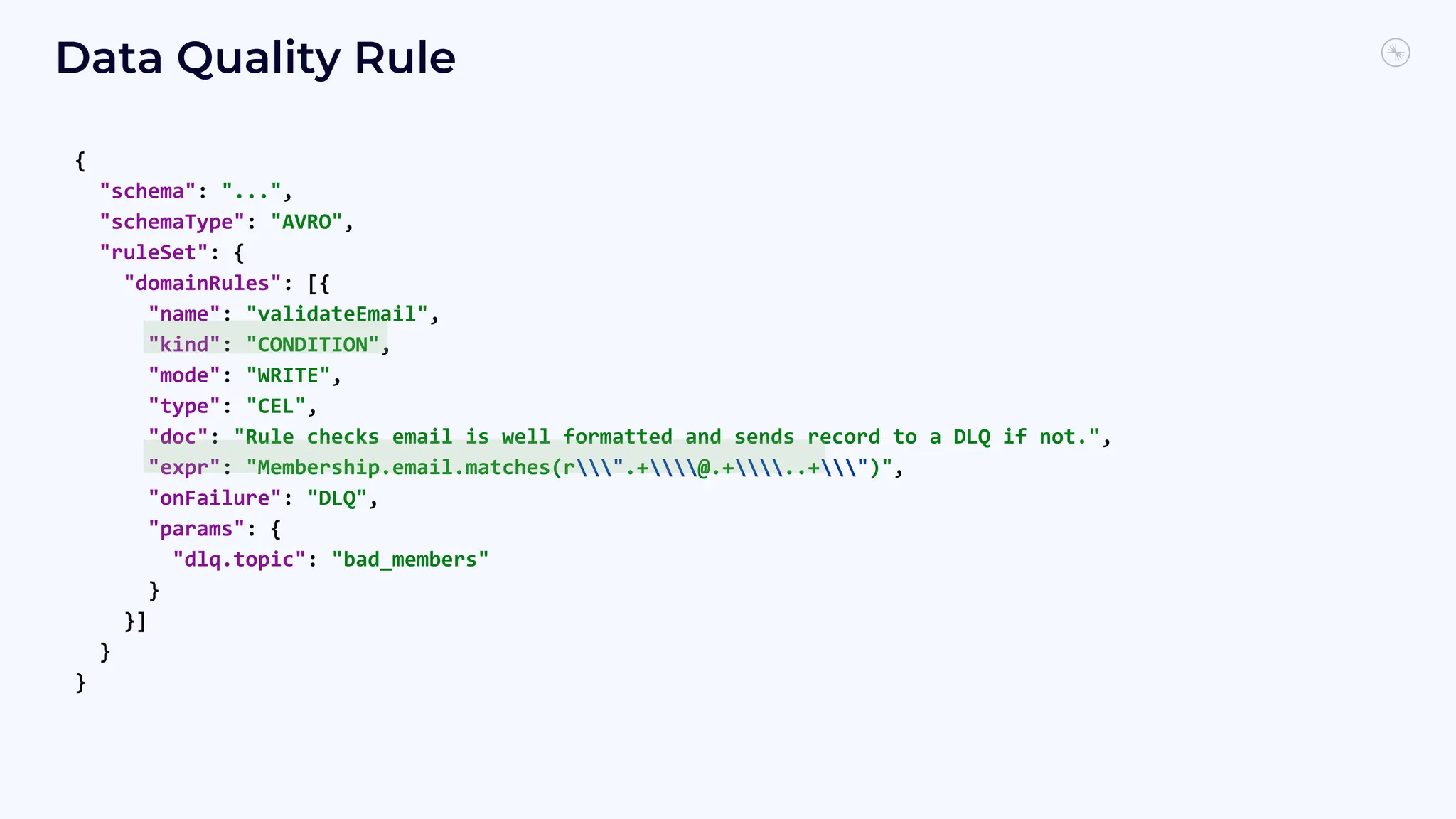 Data Quality Rule
{
"schema": "...",
"schemaType": "AVRO",
"ruleSet": {
"domainRules": [{
"name": "validateEmail",
"kind": "CONDITION",
"mode": "WRITE",
"type": "CEL",
"doc": "Rule checks email is well formatted and sends record to a DLQ if not.",
"expr": "Membership.email.matches(r".+@.+..+")",
"onFailure": "DLQ",
"params": {
"dlq.topic": "bad_members"
}
}]
}
}
 