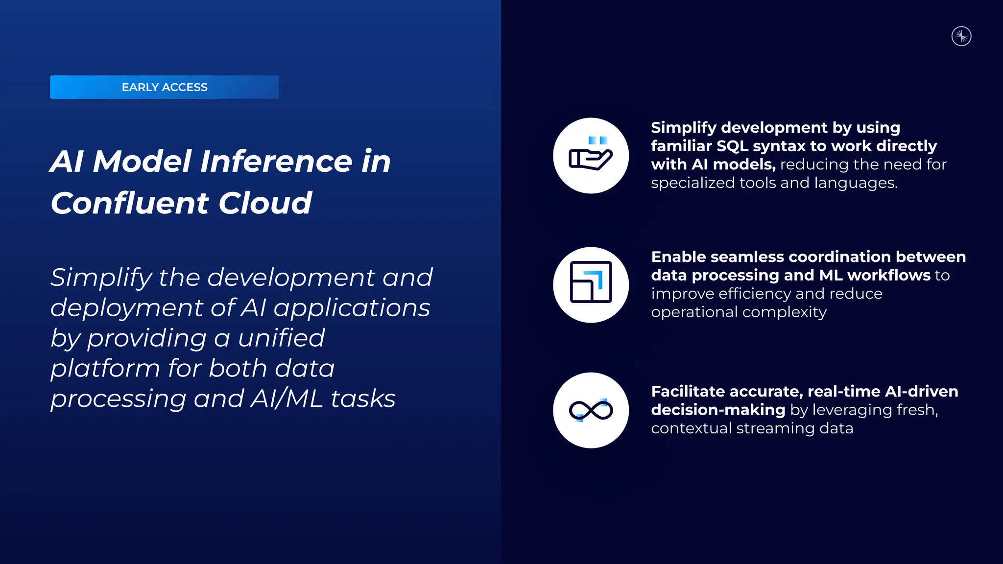 AI Model Inference in
Conﬂuent Cloud
Simplify the development and
deployment of AI applications
by providing a uniﬁed
platform for both data
processing and AI/ML tasks
Simplify development by using
familiar SQL syntax to work directly
with AI models, reducing the need for
specialized tools and languages.
Enable seamless coordination between
data processing and ML workﬂows to
improve efﬁciency and reduce
operational complexity
Facilitate accurate, real-time AI-driven
decision-making by leveraging fresh,
contextual streaming data
EARLY ACCESS
 