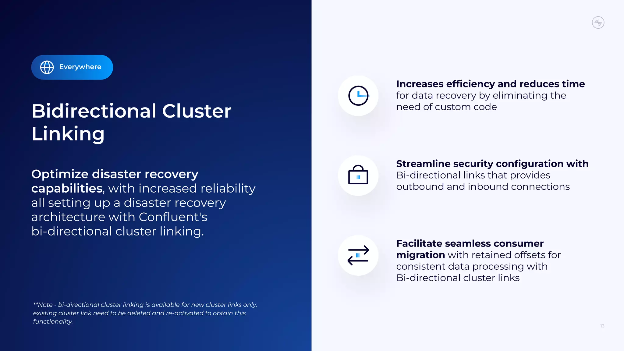 Bidirectional Cluster
Linking
13
Optimize disaster recovery
capabilities, with increased reliability
all setting up a disaster recovery
architecture with Conﬂuent's
bi-directional cluster linking.
Facilitate seamless consumer
migration with retained offsets for
consistent data processing with
Bi-directional cluster links
Increases efﬁciency and reduces time
for data recovery by eliminating the
need of custom code
Streamline security conﬁguration with
Bi-directional links that provides
outbound and inbound connections
Everywhere
**Note - bi-directional cluster linking is available for new cluster links only,
existing cluster link need to be deleted and re-activated to obtain this
functionality.
 