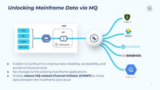 z/OS
CICS
IMS
VSAM
Legacy Apps
zIIP
MQ Connector
Unlocking Mainframe Data via MQ
13
● Publish to Conﬂuent to improve data reliability, accessibility, and
access to cloud services
● No changes to the existing mainframe applications
● Greatly reduce MQ related Channel Initiator (CHINIT) to move
data between the mainframe and cloud
 