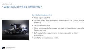 Lessons Learned
What would we do differently?
06.06.2023
Confluent Partner Tech Talk Q2
37
Get rid of anti-patterns first:
• Adapt legacy jobs first
• Create business objects instead of normalized data (e.g. with „outbox
pattern“)
• Get rid of foreign-keys
• Move complex and often reused join-logic to the database, especially
foreign-key joins
• Define application requirements as soon as possible to detect
anti-patterns
• Use Kafka-Connect instead of IIDR
 