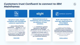 Customers trust Conﬂuent to connect to IBM
Mainframes
17
Saved on costs, stayed
compliant and reimagined
customer experiences
“… rescue data off of the
mainframe, … saving RBC ﬁxed
infrastructure costs (OPEX). RBC
stayed compliant with bank
regulations and business logic,
and is now able to create new
applications using the same
event-based architecture.”
Case study
Reduced demand on
mainframes and accelerated
the delivery of new
solutions
“… our mainframe systems
represent a signiﬁcant
component of our budget... The
UDP platform [built with Conﬂuent]
enabled us to lower costs by
ofﬂoading work to the forward
cache and reducing demand on
our mainframe systems.”
Case study
Built a foundation for
next-gen applications to
drive digital
transformation
“… plays a critical role to
transform from monolithic,
mainframe-based ecosystem to
microservices based ecosystem
and enables a low-latency data
pipeline to drive digital
transformation.”
Online webinar
 