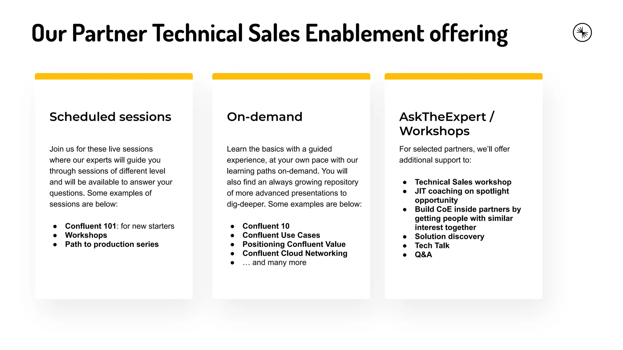 Our Partner Technical Sales Enablement offering
Scheduled sessions On-demand
Join us for these live sessions
where our experts will guide you
through sessions of different level
and will be available to answer your
questions. Some examples of
sessions are below:
● Confluent 101: for new starters
● Workshops
● Path to production series
Learn the basics with a guided
experience, at your own pace with our
learning paths on-demand. You will
also find an always growing repository
of more advanced presentations to
dig-deeper. Some examples are below:
● Confluent 10
● Confluent Use Cases
● Positioning Confluent Value
● Confluent Cloud Networking
● … and many more
AskTheExpert /
Workshops
For selected partners, we’ll offer
additional support to:
● Technical Sales workshop
● JIT coaching on spotlight
opportunity
● Build CoE inside partners by
getting people with similar
interest together
● Solution discovery
● Tech Talk
● Q&A
 