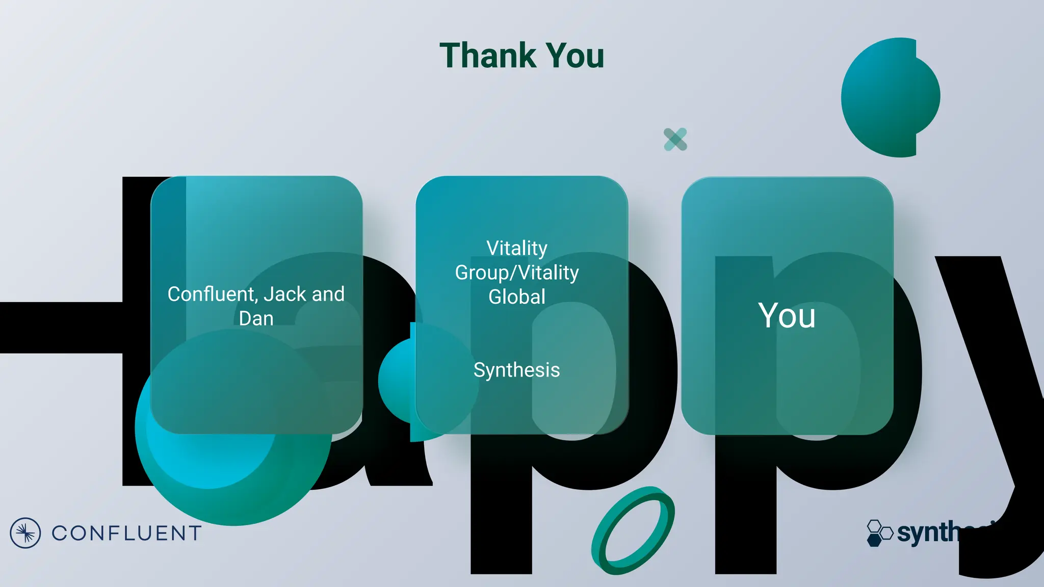 Happy
Thank You
Conﬂuent, Jack and
Dan
Vitality
Group/Vitality
Global
Synthesis
You
 