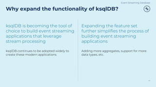 Why expand the functionality of ksqlDB?
24
ksqlDB is becoming the tool of
choice to build event streaming
applications that leverage
stream processing
ksqlDB continues to be adopted widely to
create these modern applications
Expanding the feature set
further simplifies the process of
building event streaming
applications
Adding more aggregates, support for more
data types, etc.
Event Streaming Database
 
