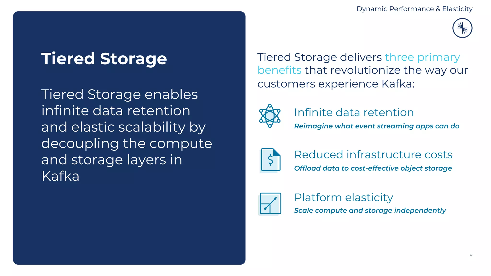 5 Tiered Storage Tiered Storage enables infinite data retention and elastic scalability by decoupling the compute and storage layers in Kafka Tiered Storage delivers three primary benefits that revolutionize the way our customers experience Kafka: Infinite data retention Reimagine what event streaming apps can do Reduced infrastructure costs Offload data to cost-effective object storage Platform elasticity Scale compute and storage independently Dynamic Performance & Elasticity 