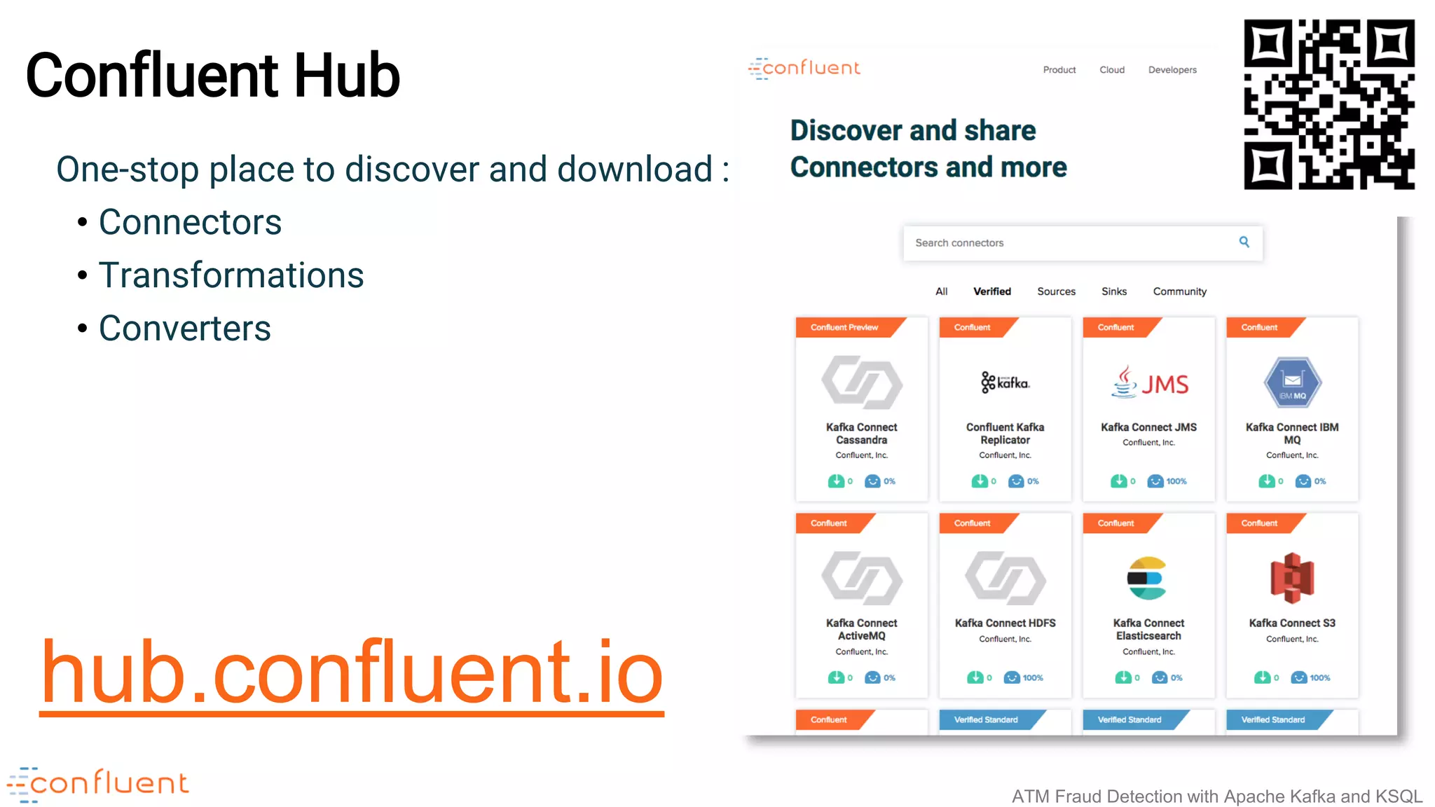ATM Fraud Detection with Apache Kafka and KSQL
@rmoff
Confluent Hub
hub.confluent.io
One-stop place to discover and download :
• Connectors
• Transformations
• Converters
 
