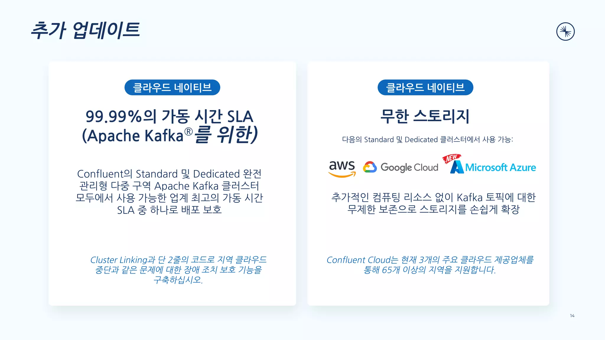 추가 업데이트
14
클라우드 네이티브
무한 스토리지
다음의 Standard 및 Dedicated 클러스터에서 사용 가능:
추가적인 컴퓨팅 리소스 없이 Kafka 토픽에 대한
무제한 보존으로 스토리지를 손쉽게 확장
클라우드 네이티브
99.99%의 가동 시간 SLA
(Apache Kafka®
를 위한)
Confluent의 Standard 및 Dedicated 완전
관리형 다중 구역 Apache Kafka 클러스터
모두에서 사용 가능한 업계 최고의 가동 시간
SLA 중 하나로 배포 보호
Cluster Linking과 단 2줄의 코드로 지역 클라우드
중단과 같은 문제에 대한 장애 조치 보호 기능을
구축하십시오.
Confluent Cloud는 현재 3개의 주요 클라우드 제공업체를
통해 65개 이상의 지역을 지원합니다.
 