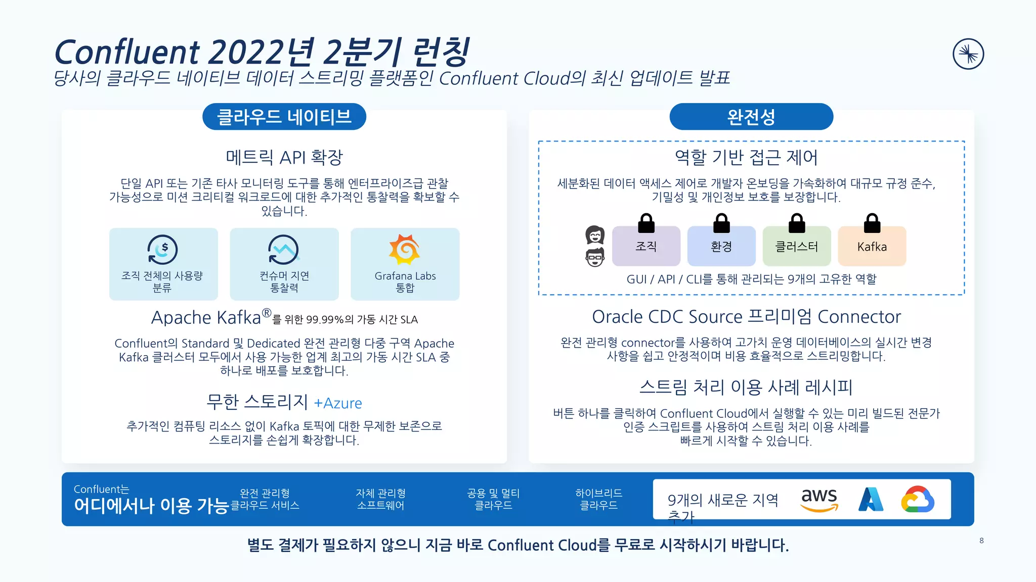 Confluent 2022년 2분기 런칭
당사의 클라우드 네이티브 데이터 스트리밍 플랫폼인 Confluent Cloud의 최신 업데이트 발표
역할 기반 접근 제어
세분화된 데이터 액세스 제어로 개발자 온보딩을 가속화하여 대규모 규정 준수,
기밀성 및 개인정보 보호를 보장합니다.
Oracle CDC Source 프리미엄 Connector
완전 관리형 connector를 사용하여 고가치 운영 데이터베이스의 실시간 변경
사항을 쉽고 안정적이며 비용 효율적으로 스트리밍합니다.
스트림 처리 이용 사례 레시피
버튼 하나를 클릭하여 Confluent Cloud에서 실행할 수 있는 미리 빌드된 전문가
인증 스크립트를 사용하여 스트림 처리 이용 사례를
빠르게 시작할 수 있습니다.
메트릭 API 확장
단일 API 또는 기존 타사 모니터링 도구를 통해 엔터프라이즈급 관찰
가능성으로 미션 크리티컬 워크로드에 대한 추가적인 통찰력을 확보할 수
있습니다.
Apache Kafka®
를 위한 99.99%의 가동 시간 SLA
Confluent의 Standard 및 Dedicated 완전 관리형 다중 구역 Apache
Kafka 클러스터 모두에서 사용 가능한 업계 최고의 가동 시간 SLA 중
하나로 배포를 보호합니다.
무한 스토리지 +Azure
추가적인 컴퓨팅 리소스 없이 Kafka 토픽에 대한 무제한 보존으로
스토리지를 손쉽게 확장합니다.
클라우드 네이티브 완전성
조직 전체의 사용량
분류
컨슈머 지연
통찰력
Grafana Labs
통합
환경 클러스터 Kafka
조직
GUI / API / CLI를 통해 관리되는 9개의 고유한 역할
Confluent는
어디에서나 이용 가능
하이브리드
클라우드
공용 및 멀티
클라우드
완전 관리형
클라우드 서비스
자체 관리형
소프트웨어 9개의 새로운 지역
추가
별도 결제가 필요하지 않으니 지금 바로 Confluent Cloud를 무료로 시작하시기 바랍니다. 8
 