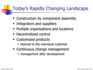 Today’s Rapidly Changing Landscape Construction by component assembly Integrators and suppliers Multiple organizations and locations Decentralized control Customized products tailored to the individual customer Continuous change management management after development 