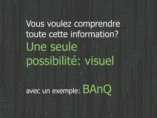 Vous voulez comprendre
toute cette information?
Une seule
possibilité: visuel

avec un exemple:   BAnQ
 