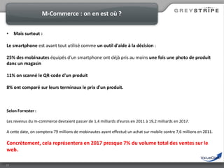 M-Commerce : on en est où ?
•

Mais surtout :

Le smartphone est avant tout utilisé comme un outil d'aide à la décision :
25% des mobinautes équipés d'un smartphone ont déjà pris au moins une fois une photo de produit
dans un magasin
11% on scanné le QR-code d'un produit
8% ont comparé sur leurs terminaux le prix d'un produit.

Selon Forrester :
Les revenus du m-commerce devraient passer de 1,4 milliards d’euros en 2011 à 19,2 milliards en 2017.

A cette date, on comptera 79 millions de mobinautes ayant effectué un achat sur mobile contre 7,6 millions en 2011.

Concrètement, cela représentera en 2017 presque 7% du volume total des ventes sur le
web.
19

 