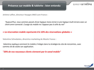 Présence sur mobile & tablette : bien entendu
Jérôme Laffon, directeur Voyages-SNCF.com France :

"Aujourd’hui, nous sommes passés d’une logique mono-écran à une logique multi-écrans avec un
client omni-connecté. L’usage du mobile ne s’oppose pas à celle du net"

« La réservation mobile représente 8 à 10% des réservations globales »
Valentine Schnebelen, directrice marketing de Meetic France :
Valentine explique comment le mobile s'intègre dans la stratégie du site de rencontres, avec
comme clé de voûte son application.

"20% de nos nouveaux clients viennent par le canal mobile"

20

 