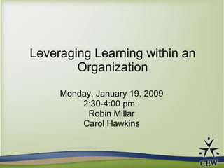 Leveraging Learning within an Organization Monday, January 19, 2009 2:30-4:00 pm.  Robin Millar Carol Hawkins 