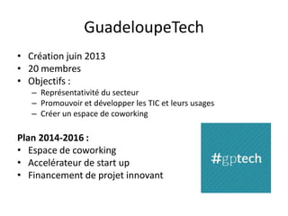 GuadeloupeTech
• Création juin 2013
• 20 membres
• Objectifs :
– Représentativité du secteur
– Promouvoir et développer les TIC et leurs usages
– Créer un espace de coworking

Plan 2014-2016 :
• Espace de coworking
• Accelérateur de start up
• Financement de projet innovant

 