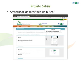 Projeto Sabiia
• Screenshot da interface de busca:




                                 Lista de
                            Provedores de Dados
 