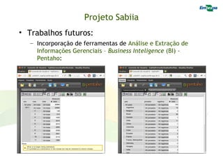 Projeto Sabiia
• Trabalhos futuros:
  – Incorporação de ferramentas de Análise e Extração de
    Informações Gerenciais – Business Inteligence (BI) -
    Pentaho:
 