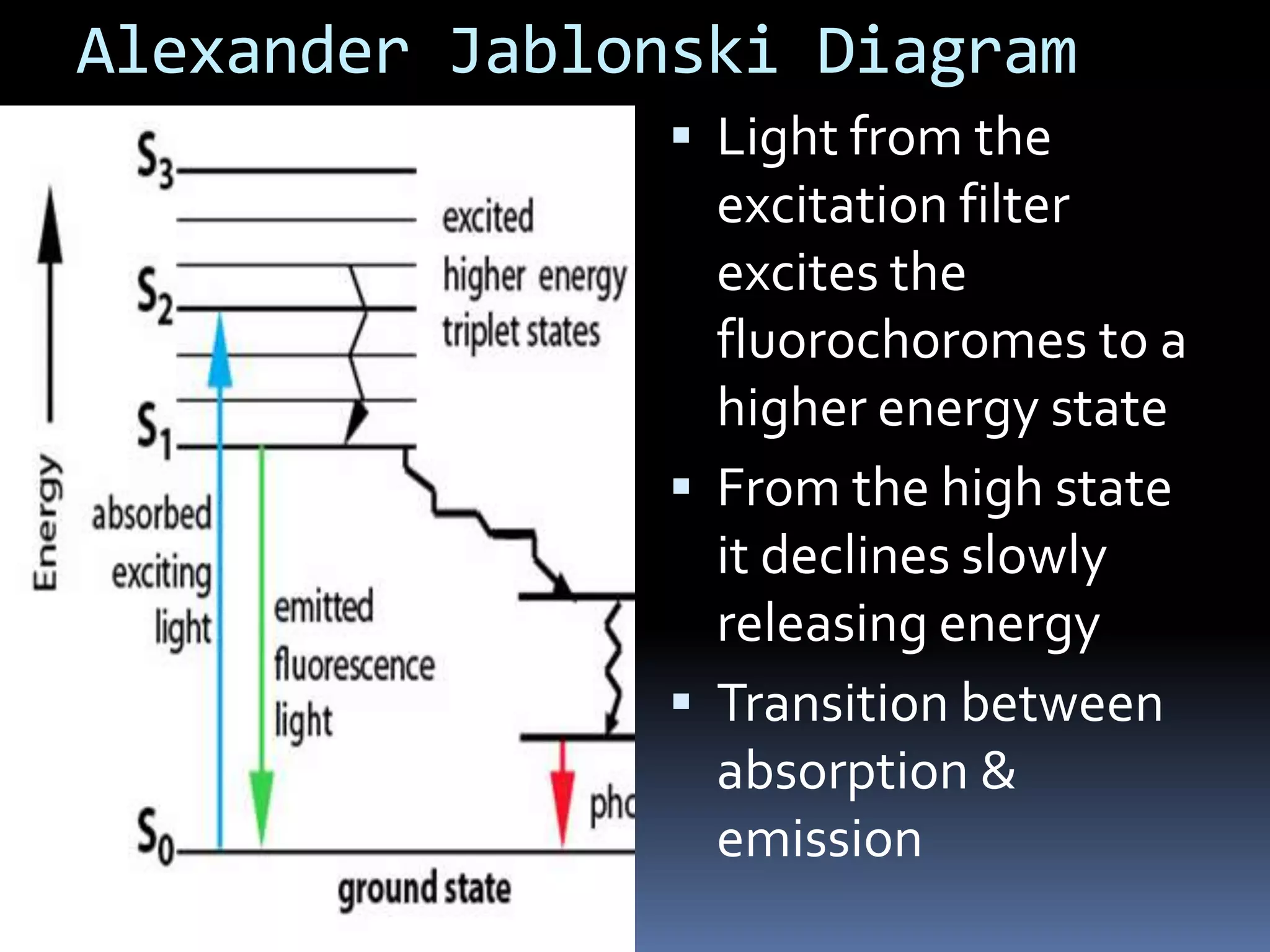 Alexander Jablonski Diagram
                Light from the
                 excitation filter
                 excites the
                 fluorochoromes to a
                 higher energy state
                From the high state
                 it declines slowly
                 releasing energy
                Transition between
                 absorption &
                 emission
 