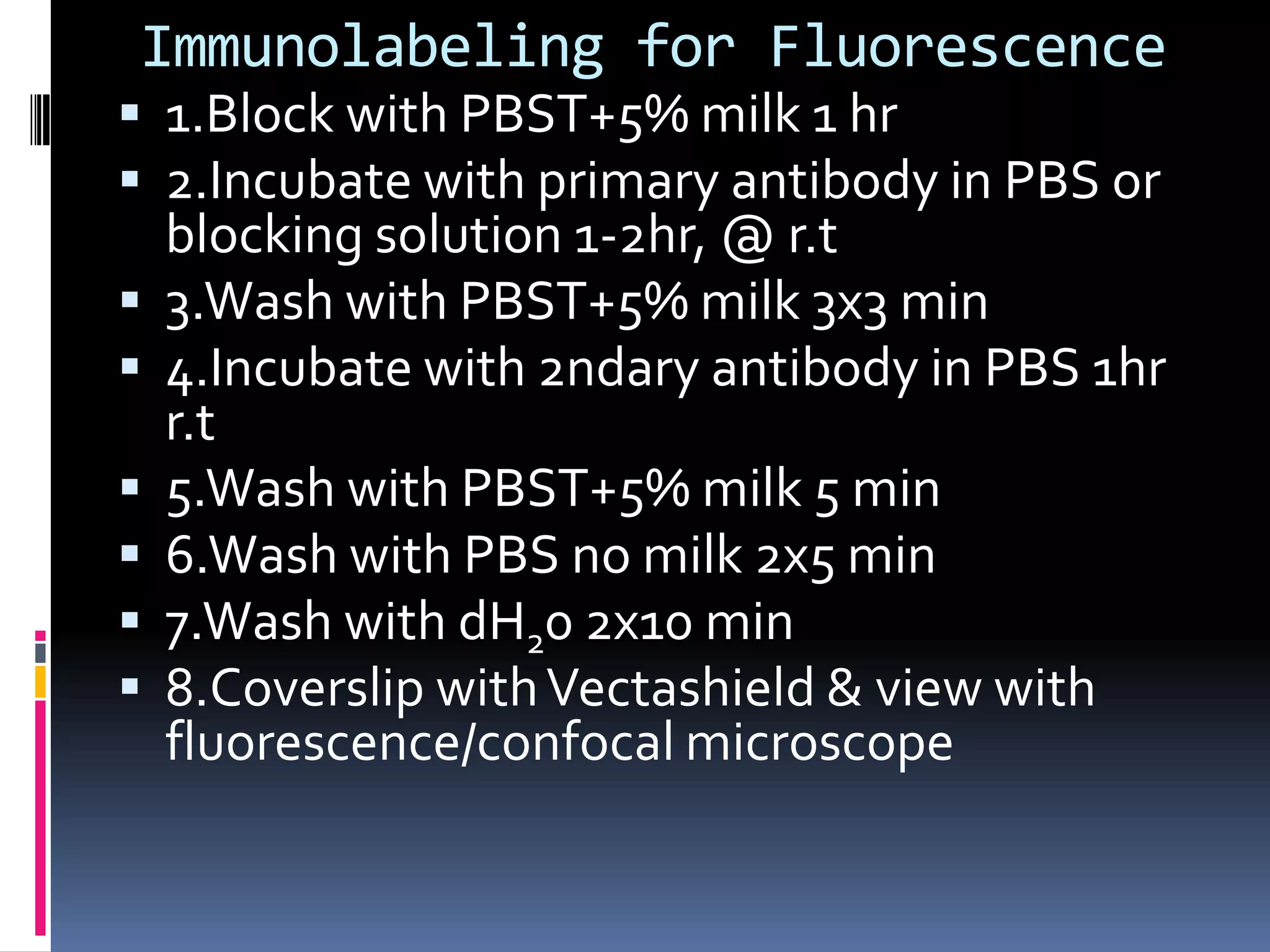 Immunolabeling for Fluorescence
 1.Block with PBST+5% milk 1 hr
 2.Incubate with primary antibody in PBS or
    blocking solution 1-2hr, @ r.t
   3.Wash with PBST+5% milk 3x3 min
   4.Incubate with 2ndary antibody in PBS 1hr
    r.t
   5.Wash with PBST+5% milk 5 min
   6.Wash with PBS no milk 2x5 min
   7.Wash with dH20 2x10 min
   8.Coverslip with Vectashield & view with
    fluorescence/confocal microscope
 