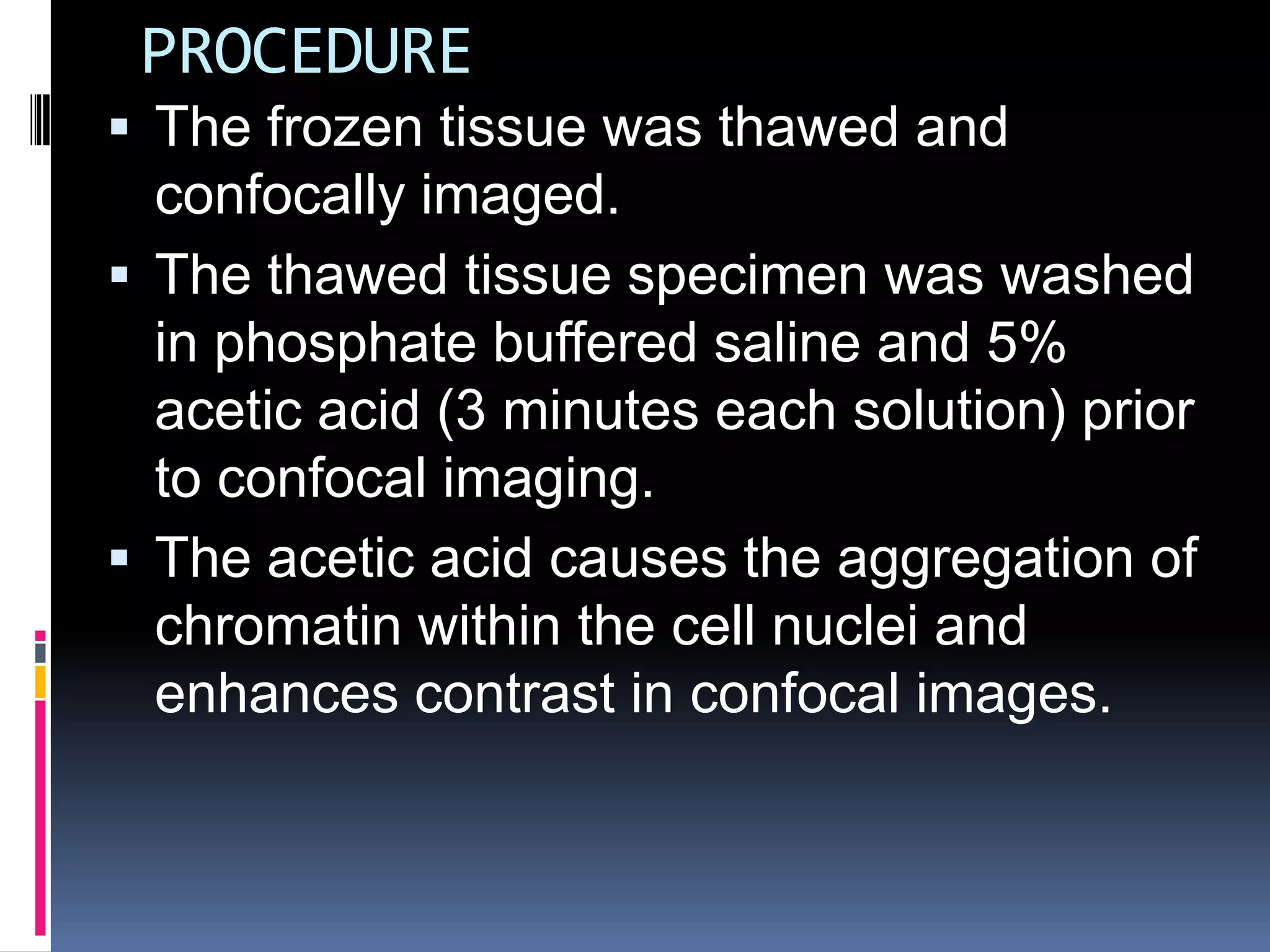 PROCEDURE
 The frozen tissue was thawed and
  confocally imaged.
 The thawed tissue specimen was washed
  in phosphate buffered saline and 5%
  acetic acid (3 minutes each solution) prior
  to confocal imaging.
 The acetic acid causes the aggregation of
  chromatin within the cell nuclei and
  enhances contrast in confocal images.
 