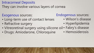Intracorneal Deposits
They can involve various layers of cornea
Exogenous sources:
• Long-term use of contact lenses
• Refractive surgery
• Vitreoretinal surgery using silicone oil
• Drugs: Amiodarone, Chloroquine
Endogenous sources:
• Wilson’s disease
• Hyperlipidemia
• Fabry’s disease
• Hemosiderosis
 