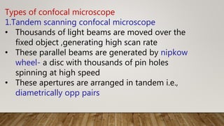 Types of confocal microscope
1.Tandem scanning confocal microscope
• Thousands of light beams are moved over the
fixed object ,generating high scan rate
• These parallel beams are generated by nipkow
wheel- a disc with thousands of pin holes
spinning at high speed
• These apertures are arranged in tandem i.e.,
diametrically opp pairs
 