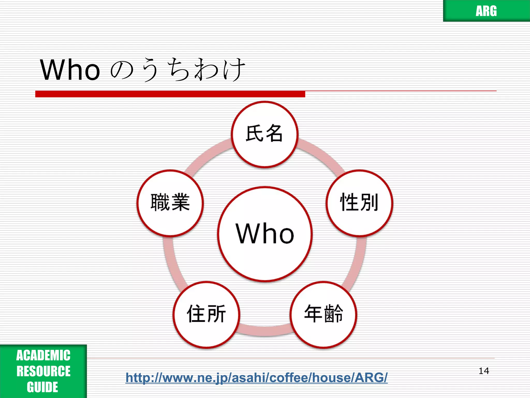 Who のうちわけ http://www.ne.jp/asahi/coffee/house/ARG/ ARG ACADEMIC RESOURCE GUIDE  