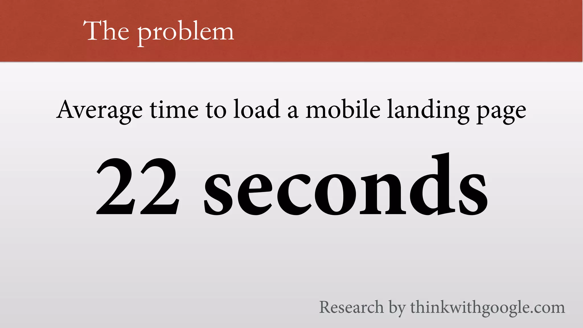 Average time to load a mobile landing page
 
The problem
22 seconds
Research by thinkwithgoogle.com
 