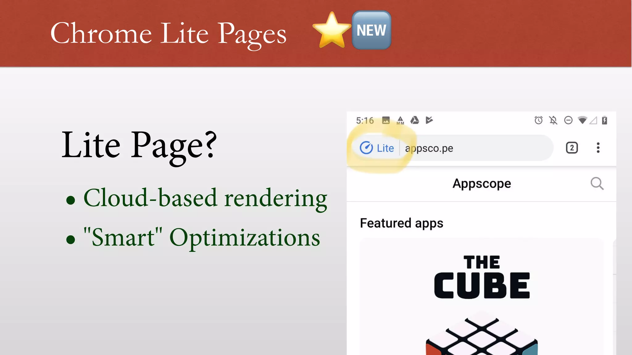 Lite Page?
Chrome Lite Pages
• Cloud-based rendering
• "Smart" Optimizations
⭐🆕
 