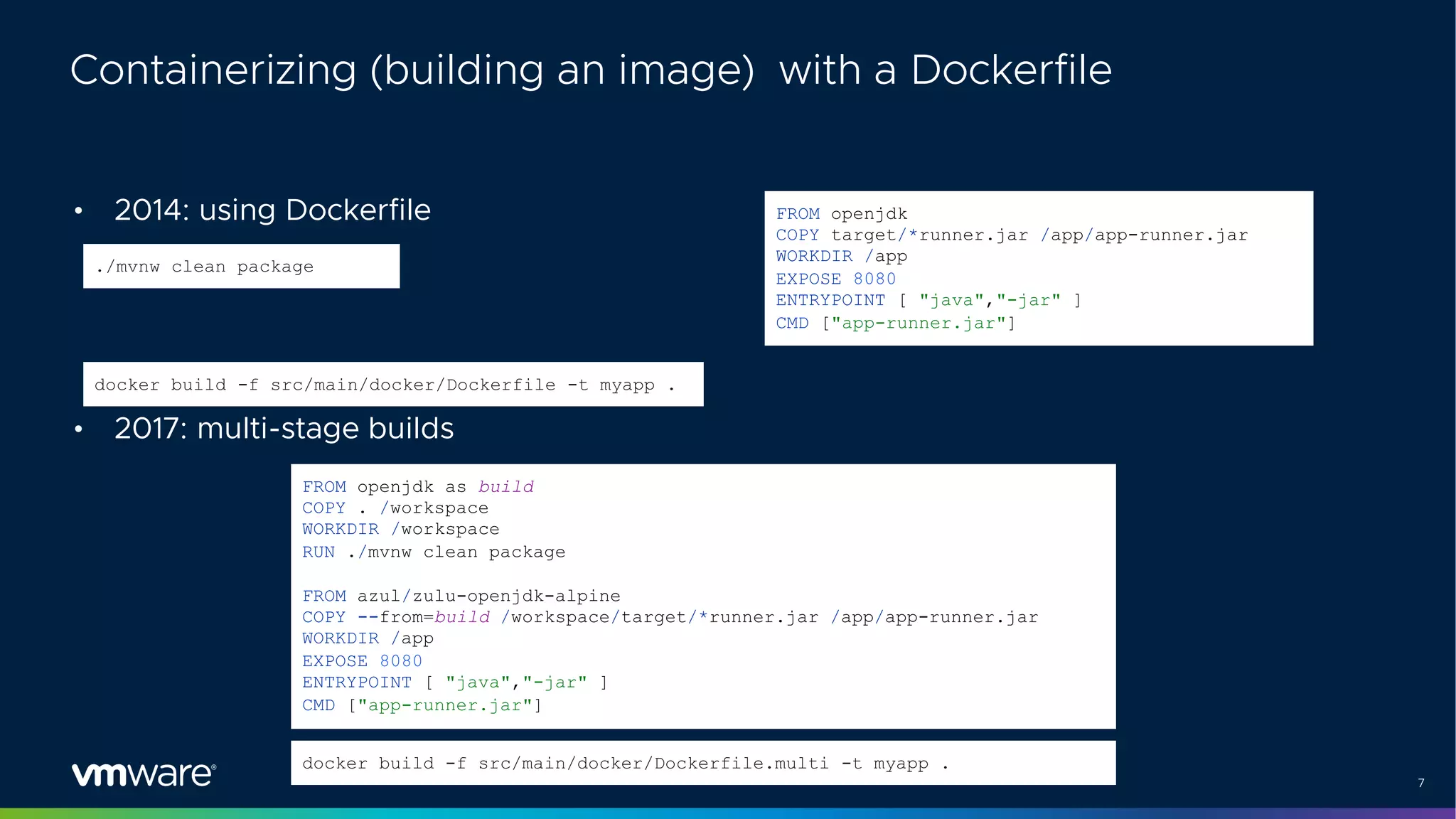 7
Containerizing (building an image) with a Dockerfile
• 2014: using Dockerfile
• 2017: multi-stage builds
FROM openjdk
COPY target/*runner.jar /app/app-runner.jar
WORKDIR /app
EXPOSE 8080
ENTRYPOINT [ "java","-jar" ]
CMD ["app-runner.jar"]
./mvnw clean package
docker build -f src/main/docker/Dockerfile -t myapp .
FROM openjdk as build
COPY . /workspace
WORKDIR /workspace
RUN ./mvnw clean package
FROM azul/zulu-openjdk-alpine
COPY --from=build /workspace/target/*runner.jar /app/app-runner.jar
WORKDIR /app
EXPOSE 8080
ENTRYPOINT [ "java","-jar" ]
CMD ["app-runner.jar"]
docker build -f src/main/docker/Dockerfile.multi -t myapp .
 