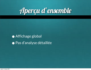 Ap rç          ’       b


                     • Affichage global
                     • Pas d’analyse détaillée


jeudi 10 mars 2011
 