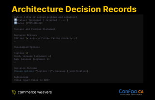 Architecture Decision Records
Architecture Decision Records
[short title of solved problem and solution]
Status: [proposed | rejected | ... ]
Date: [YYYY-MM-DD]
Context and Problem Statement
Decision Drivers
[driver 1, e.g., a force, facing concern, …]
…
Considered Options
[option 1]
Good, because [argument a]
Bad, because [argument b]
…
Decision Outcome
Chosen option: "[option 1]", because [justification].
References
[Link type] [Link to ADR]
 