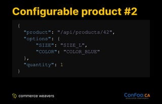 Configurable product #2
Configurable product #2
{
"product": "/api/products/42",
"options": {
"SIZE": "SIZE_L",
"COLOR": "COLOR_BLUE"
},
"quantity": 1
}
 