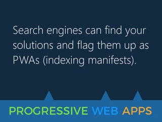 PROGRESSIVE WEB APPS
Search engines can find your
solutions and flag them up as
PWAs (indexing manifests).
 