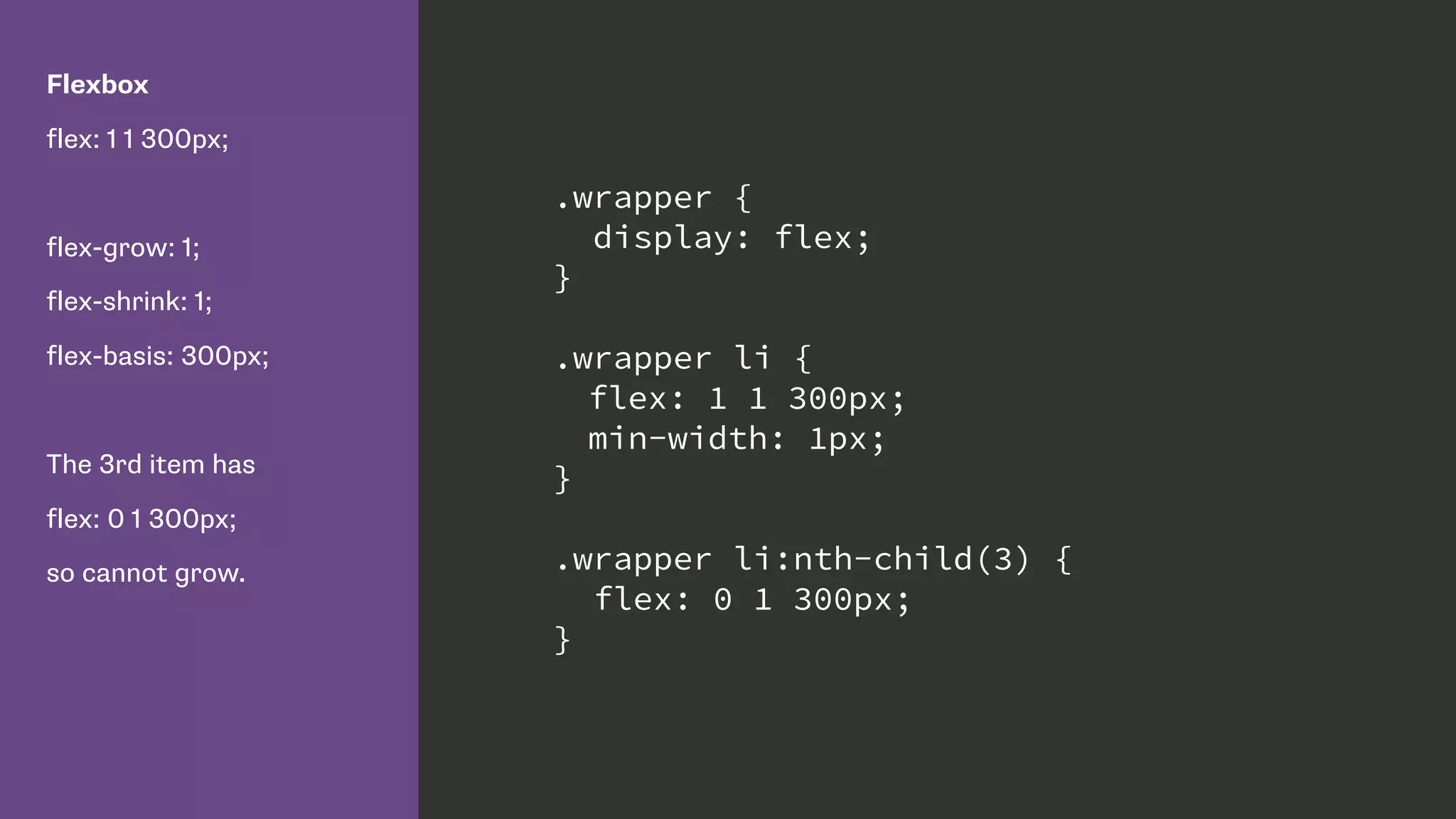 Flexbox
flex: 1 1 300px;
flex-grow: 1;
flex-shrink: 1;
flex-basis: 300px;
The 3rd item has
flex: 0 1 300px;
so cannot grow.
.wrapper {
display: flex;
}
.wrapper li {
flex: 1 1 300px;
min-width: 1px;
}
.wrapper li:nth-child(3) {
flex: 0 1 300px;
}
 