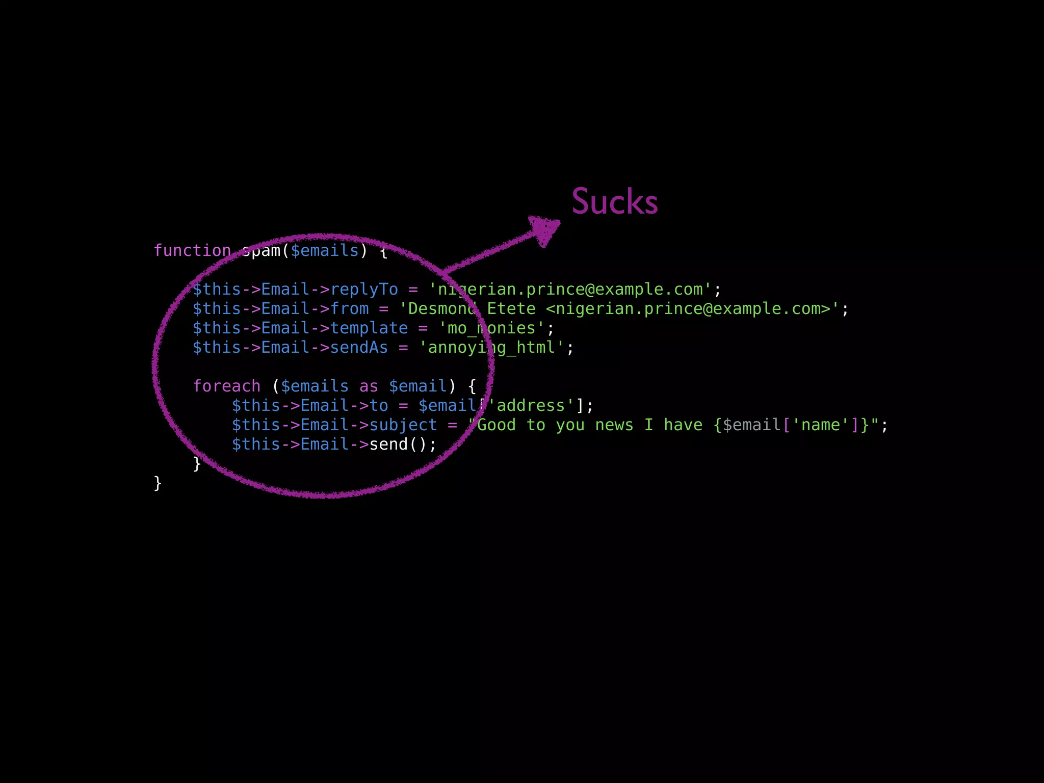 Sucks
function spam($emails) {

    $this->Email->replyTo = 'nigerian.prince@example.com';
    $this->Email->from = 'Desmond Etete <nigerian.prince@example.com>';
    $this->Email->template = 'mo_monies';
    $this->Email->sendAs = 'annoying_html';

    foreach ($emails as $email) {
        $this->Email->to = $email['address'];
        $this->Email->subject = "Good to you news I have {$email['name']}";
        $this->Email->send();
    }
}
 