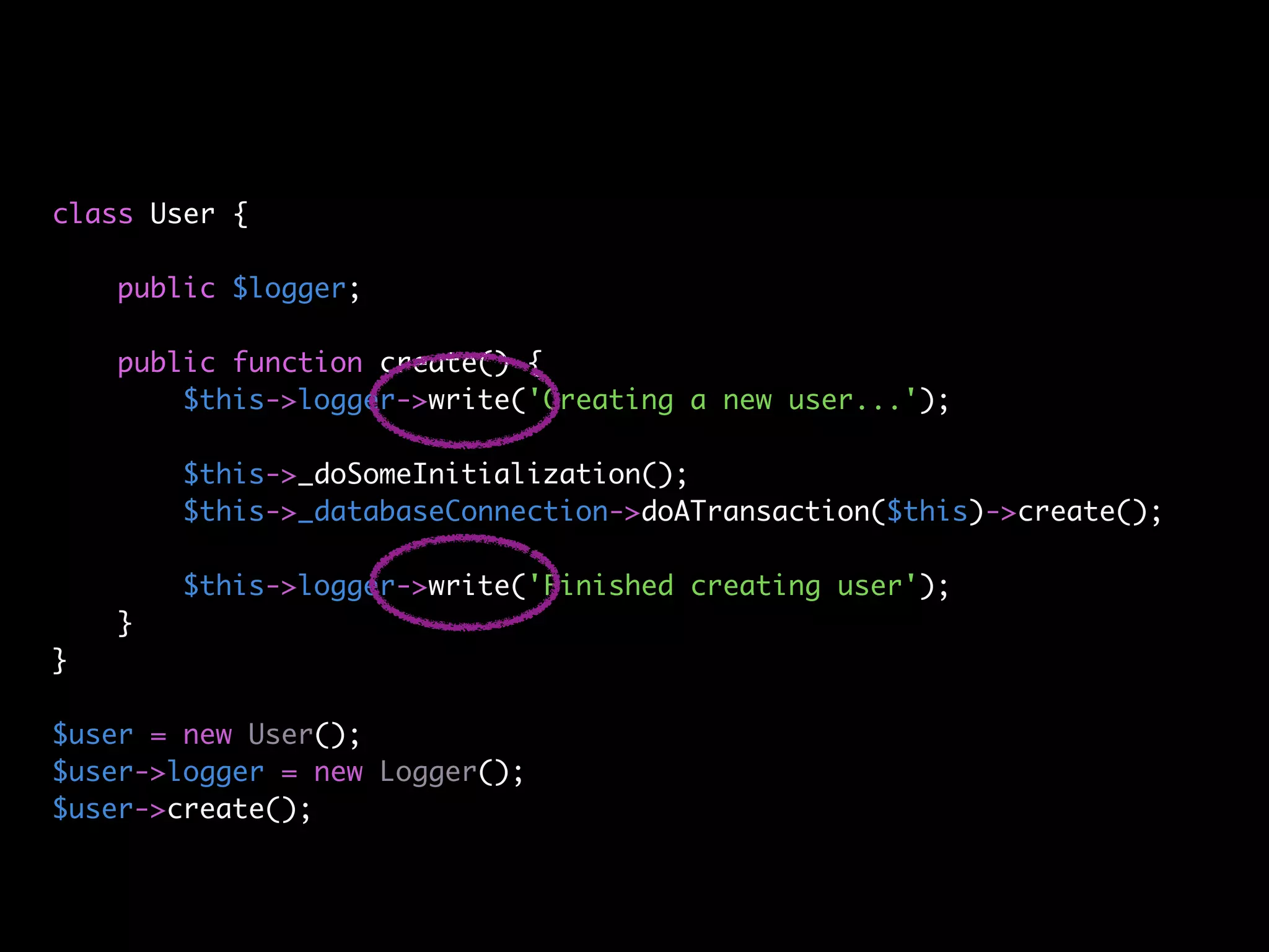 class User {

    public $logger;

    public function create() {
        $this->logger->write('Creating a new user...');

        $this->_doSomeInitialization();
        $this->_databaseConnection->doATransaction($this)->create();

        $this->logger->write('Finished creating user');
    }
}

$user = new User();
$user->logger = new Logger();
$user->create();
 