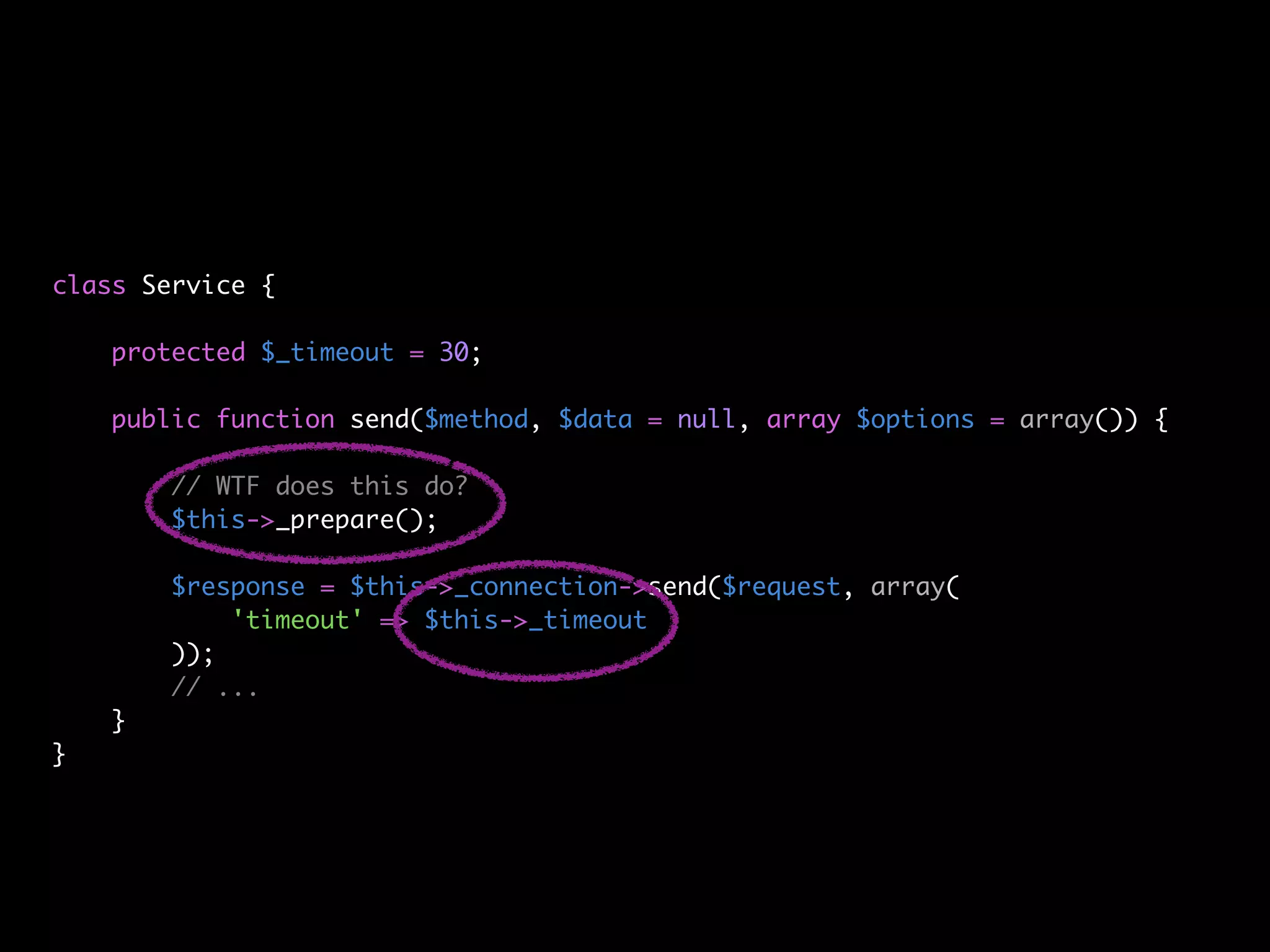 class Service {

    protected $_timeout = 30;

    public function send($method, $data = null, array $options = array()) {

        // WTF does this do?
        $this->_prepare();

        $response = $this->_connection->send($request, array(
            'timeout' => $this->_timeout
        ));
        // ...
    }
}
 