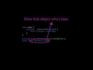 Show that object who’s boss.
class User {
    function __construct($storage) {
        $this->storage = $storage;
    }
}

$storage = new SessionStorage('SESSION_ID');
$user = new User($storage);
 