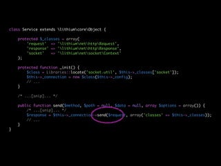 class Service extends lithiumcoreObject {

    protected $_classes = array(
        'request' => 'lithiumnethttpRequest',
        'response' => 'lithiumnethttpResponse',
        'socket'   => 'lithiumnetsocketContext'
    );

    protected function _init() {
        $class = Libraries::locate('socket.util', $this->_classes['socket']);
        $this->_connection = new $class($this->_config);
        // ...
    }

    /* ...[snip]... */

    public function send($method, $path = null, $data = null, array $options = array()) {
        /* ...[snip]... */
        $response = $this->_connection->send($request, array('classes' => $this->_classes));
        // ...
    }
}
 
