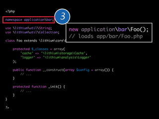 <?php

namespace applicationbar;   3
use lithiumutilString;
use lithiumutilCollection;
                                    new applicationbarFoo();
                                    // loads app/bar/Foo.php
class Foo extends lithiumcoreObject {

     protected $_classes = array(
         'cache' => 'lithiumstorageCache',
         'logger' => 'lithiumanalysisLogger'
     );

     public function __construct(array $config = array()) {
         // ...
     }

     protected function _init() {
         // ...
     }
}

?>
 