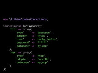 use lithiumstorageSession;

Session::config(array(
    'cookie' => array(
        'adapter' => 'Cookie',
        'expire' ...