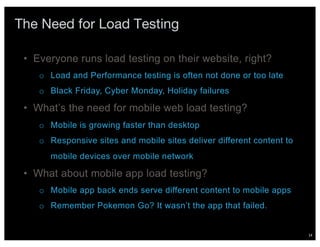 14
The Need for Load Testing
• Everyone runs load testing on their website, right?
o Load and Performance testing is often not done or too late
o Black Friday, Cyber Monday, Holiday failures
• What’s the need for mobile web load testing?
o Mobile is growing faster than desktop
o Responsive sites and mobile sites deliver different content to
mobile devices over mobile network
• What about mobile app load testing?
o Mobile app back ends serve different content to mobile apps
o Remember Pokemon Go? It wasn’t the app that failed.
 