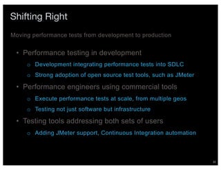 22
Shifting Right
• Performance testing in development
o Development integrating performance tests into SDLC
o Strong adoption of open source test tools, such as JMeter
• Performance engineers using commercial tools
o Execute performance tests at scale, from multiple geos
o Testing not just software but infrastructure
• Testing tools addressing both sets of users
o Adding JMeter support, Continuous Integration automation
Moving performance tests from development to production
 