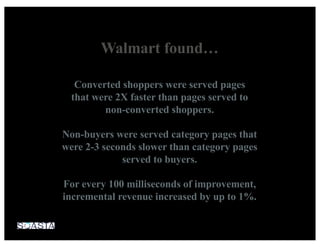 Walmart found…
Converted shoppers were served pages
that were 2X faster than pages served to
non-converted shoppers.
Non-buyers were served category pages that
were 2-3 seconds slower than category pages
served to buyers.
For every 100 milliseconds of improvement,
incremental revenue increased by up to 1%.
 